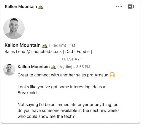 LinkedIn message from a sales lead